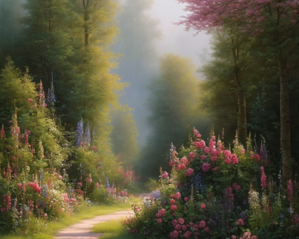 Tranquil woodland path with colorful flowers and trees