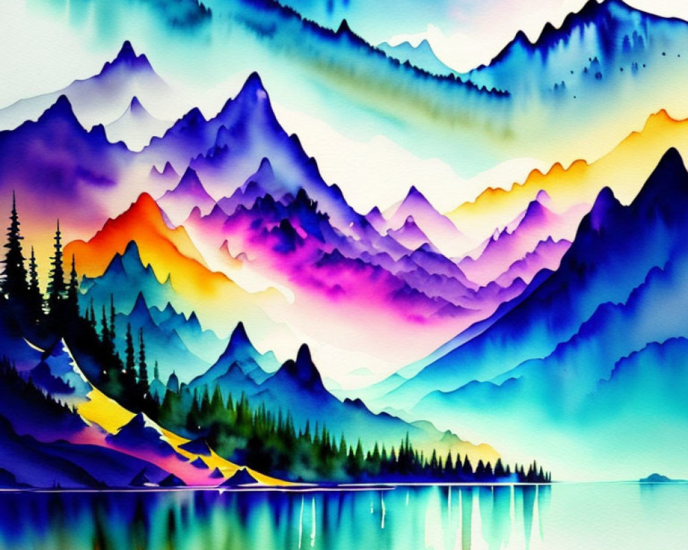 Scenic watercolor painting of layered mountain ranges at sunset