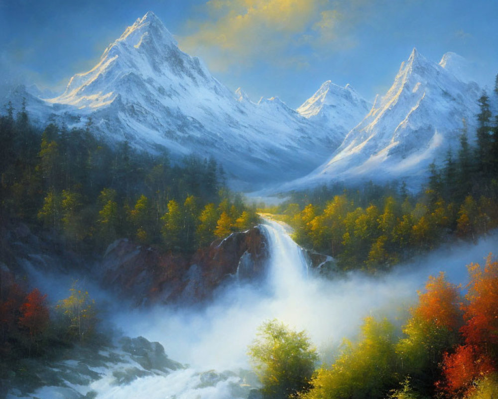 Snowy Mountain Peaks, Waterfall, Autumn Trees in Misty Landscape