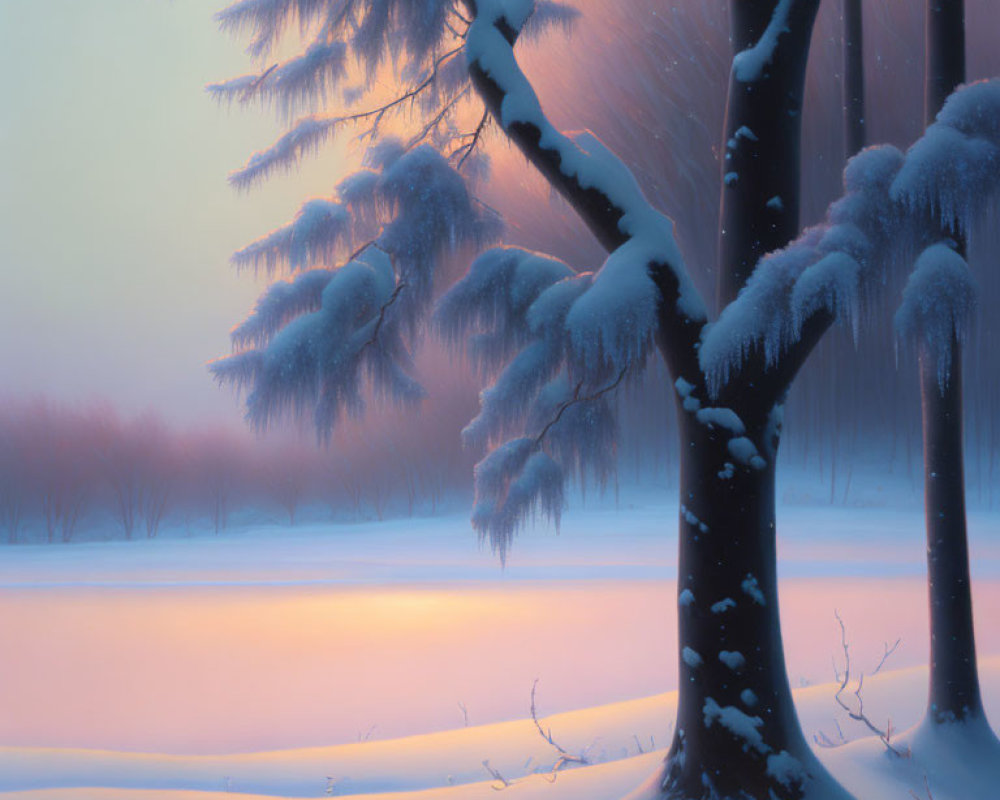 Twilight snow-covered trees with falling snowflakes in tranquil winter landscape