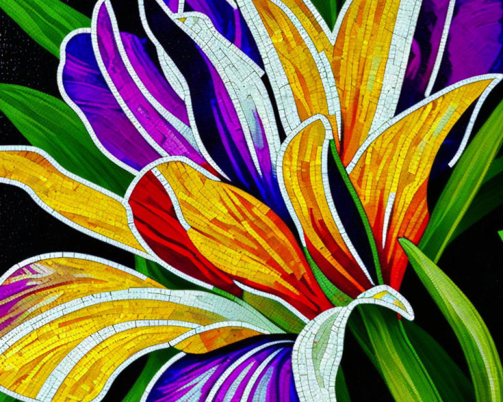 Vibrant Abstract Flower Mosaic with Orange, Purple, and Yellow Petals