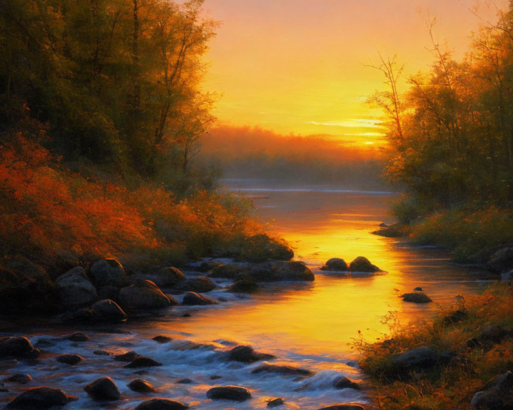 Tranquil River Sunset with Autumn Trees