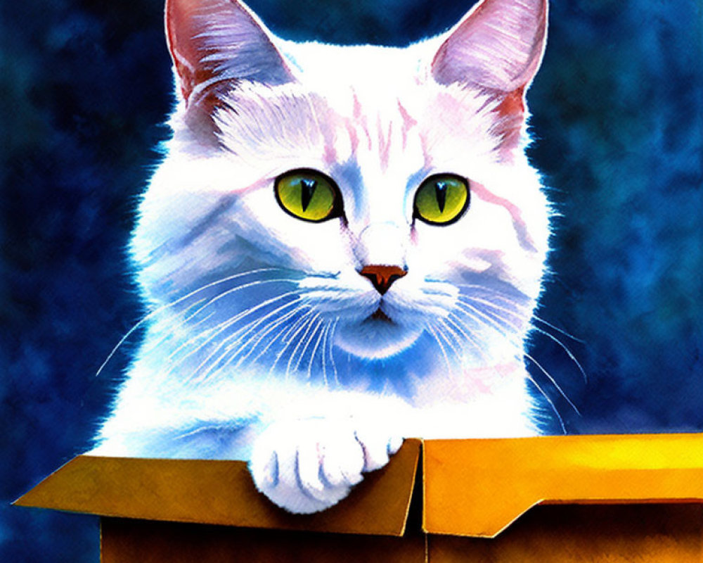 White Cat with Yellow Eyes in Cardboard Box on Blue Background