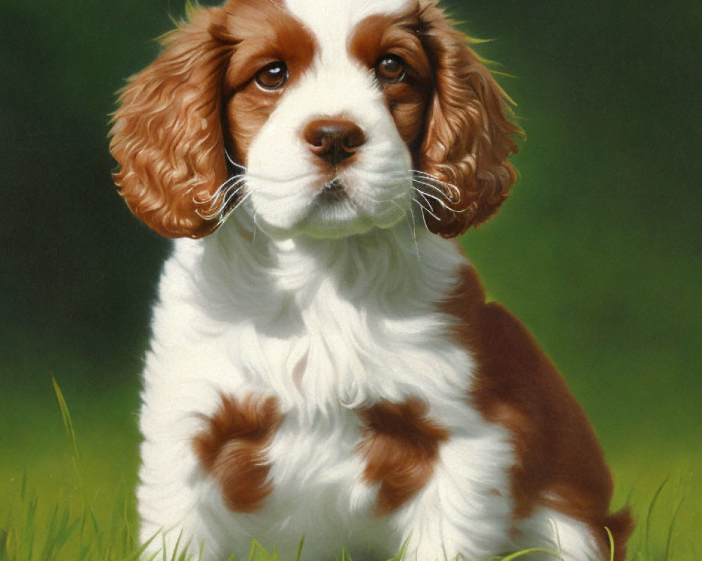 Young Cavalier King Charles Spaniel with white and brown fur sitting on grass