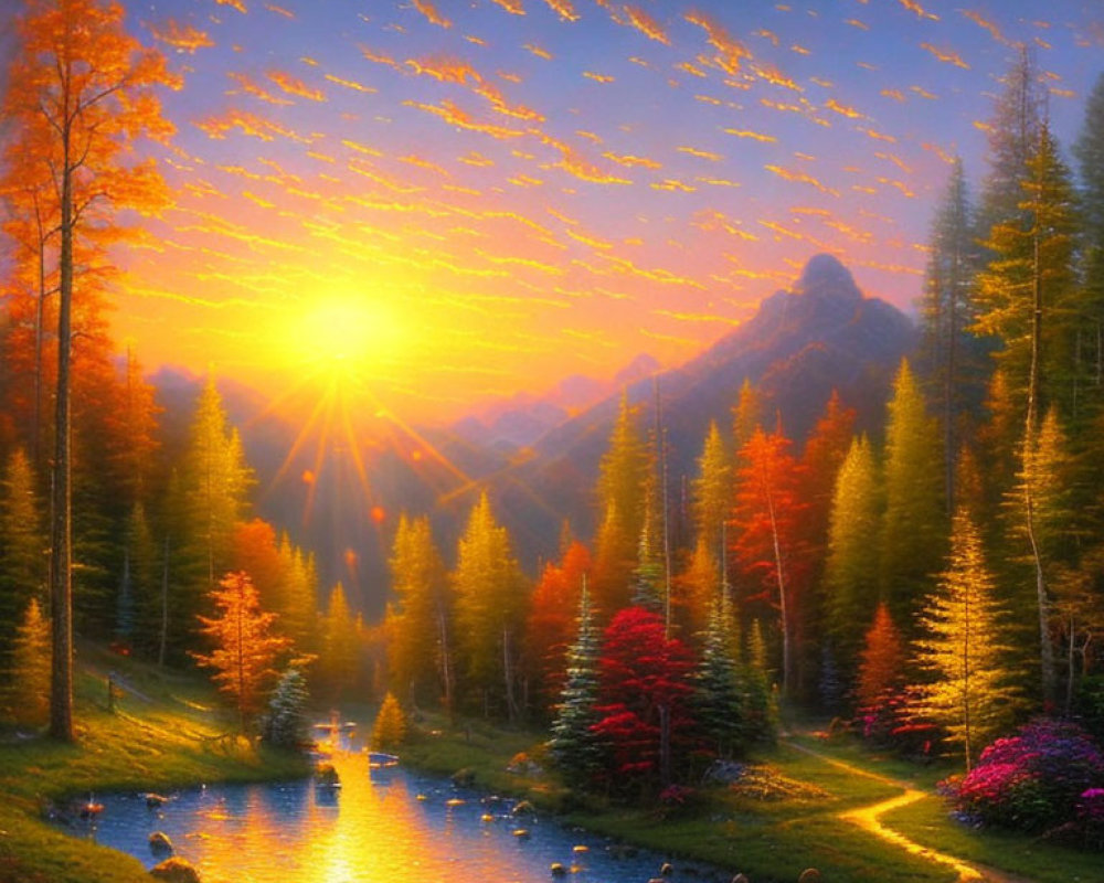 Colorful Autumn Landscape with Sunset, River, and Skies