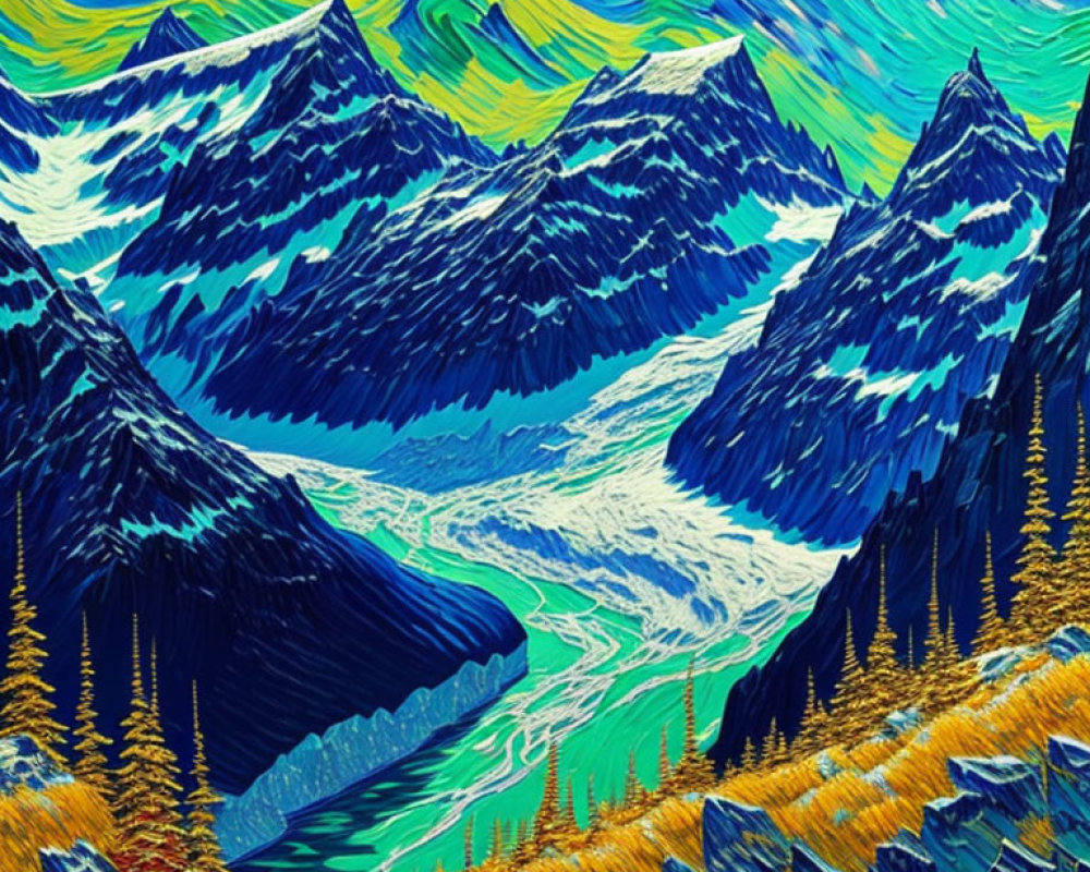 Colorful Mountain Landscape Painting with Blue Peaks, Swirling Sky, and River in Pine Forest