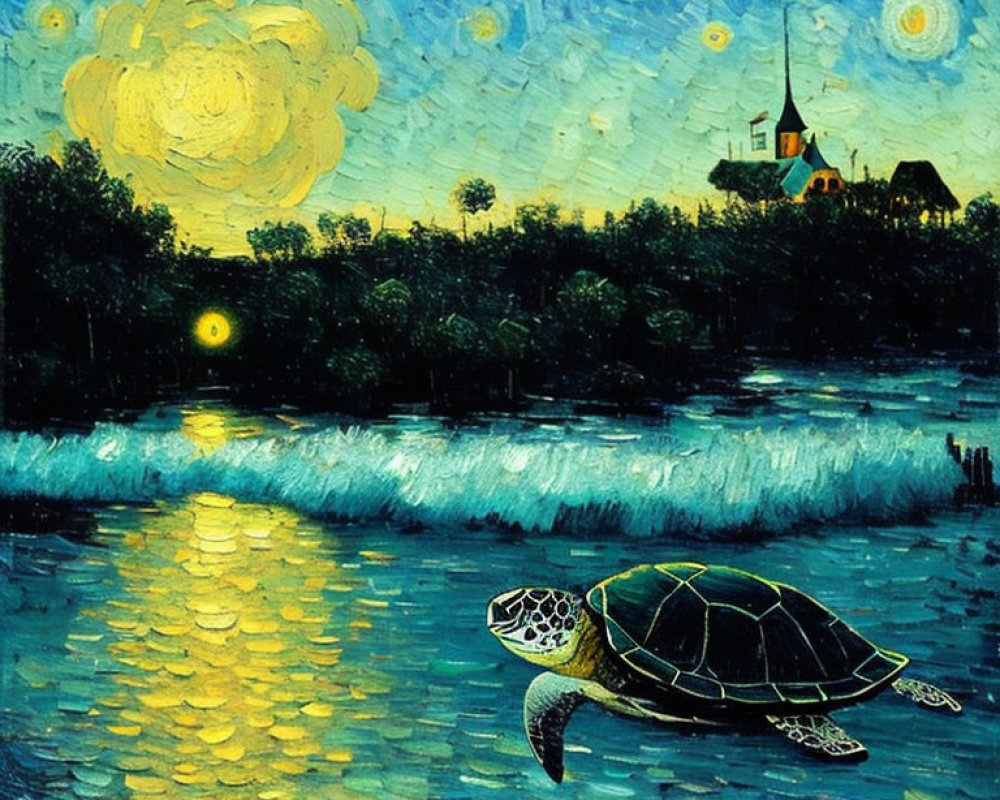 Impressionist painting of sea turtle under starry night sky