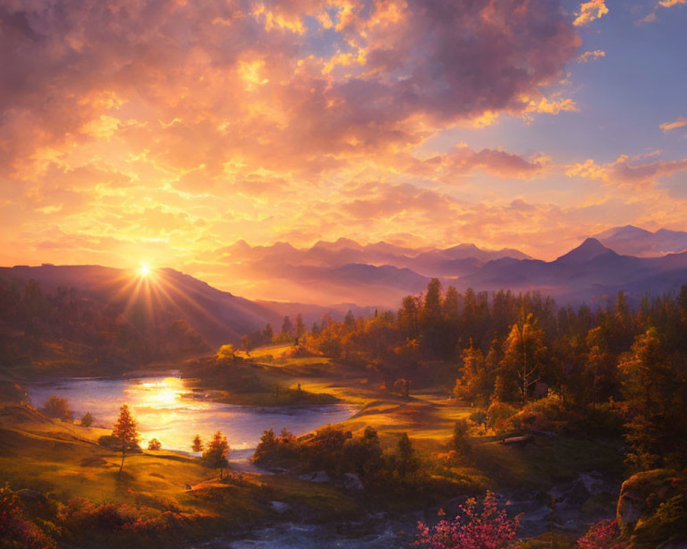 Scenic sunset over tranquil river in mountainous landscape