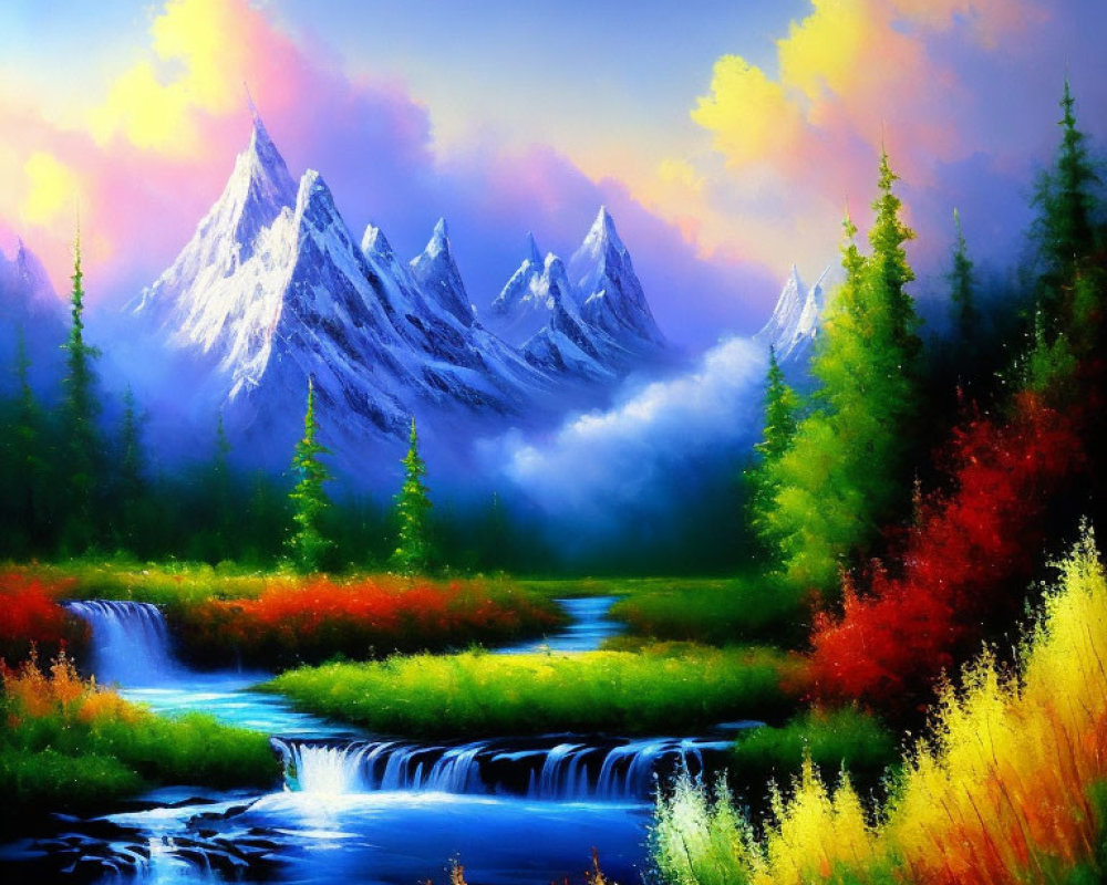 Colorful Landscape Painting with Snowy Peaks, River, Autumn Trees, and Sunset Sky
