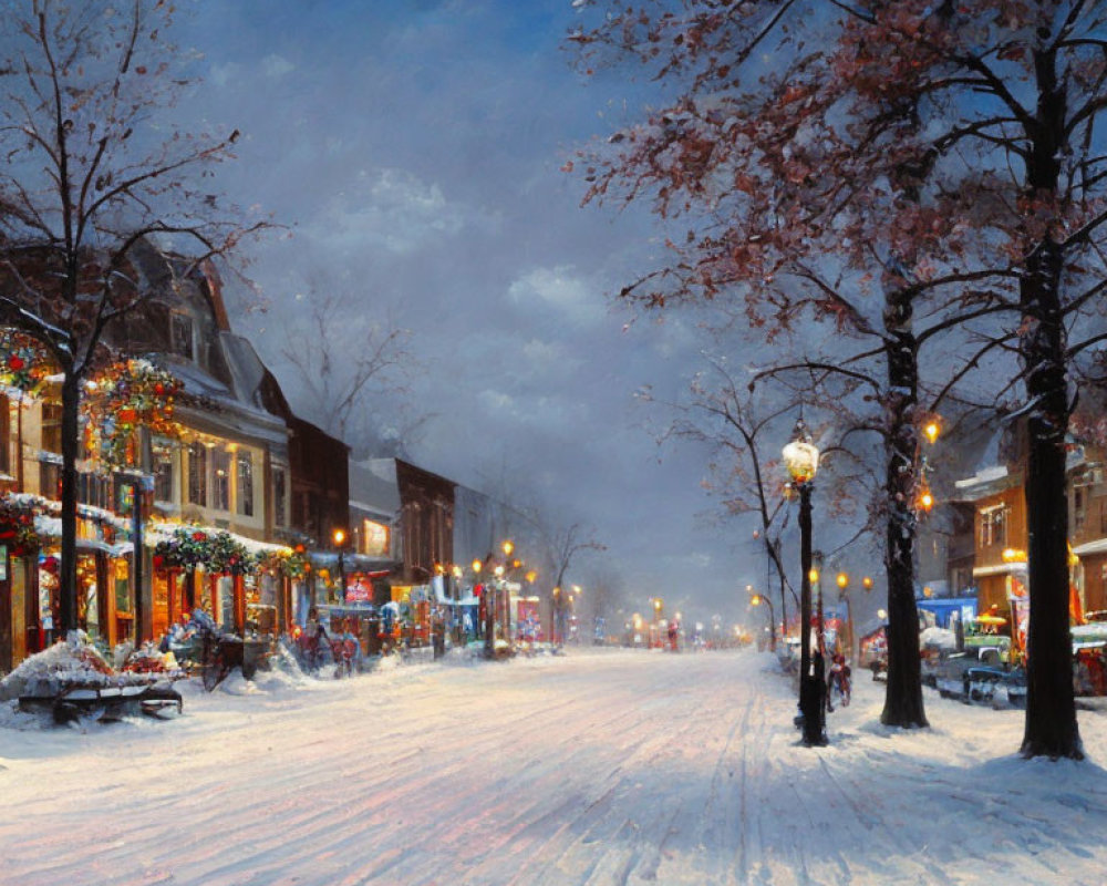Snowy Evening Scene: Illuminated Street Lamps, Decorated Shops, and Snow-Covered
