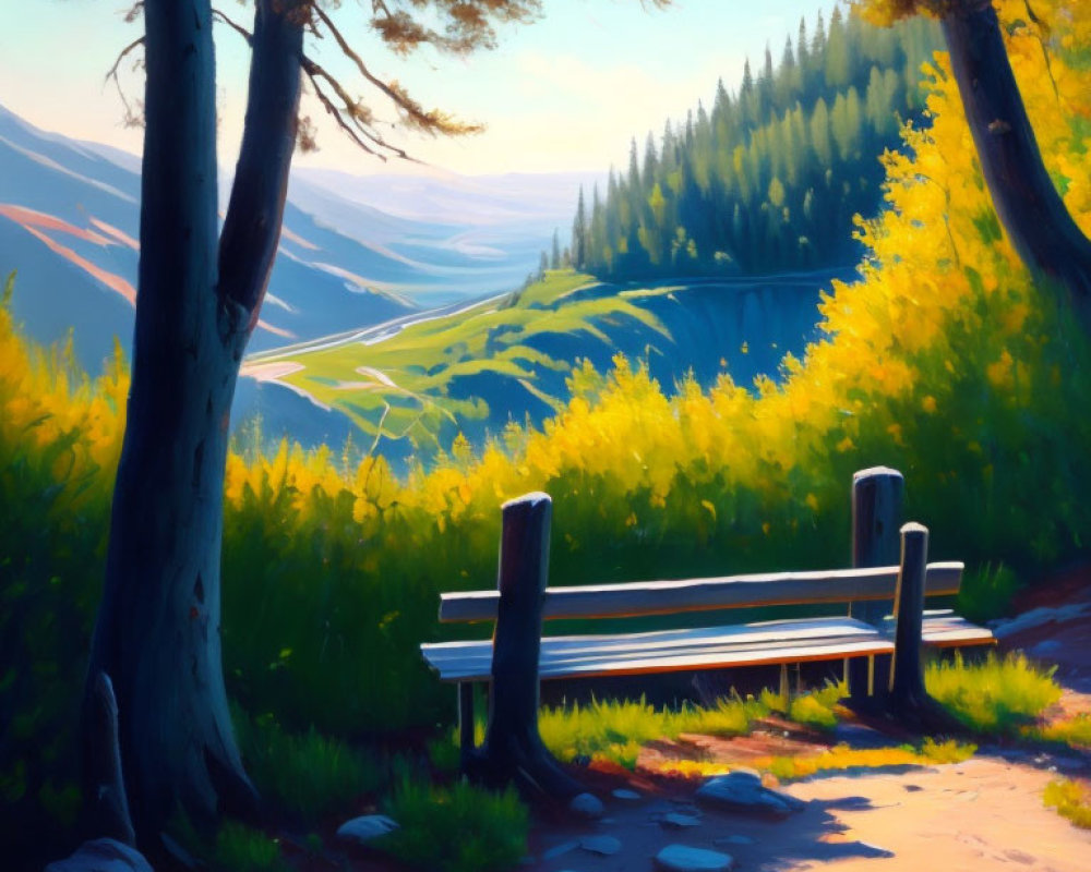Tranquil landscape painting: sunlit bench under pine trees overlooking lush valley.