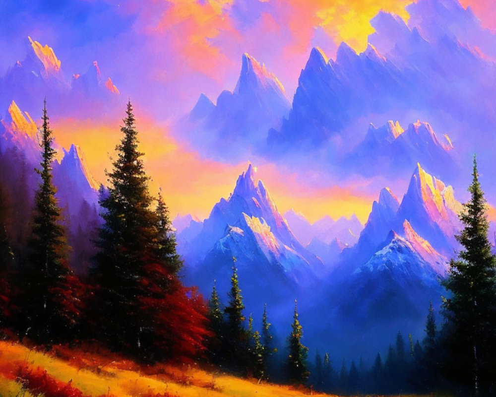 Vibrant mountain landscape with colorful skies and evergreen trees