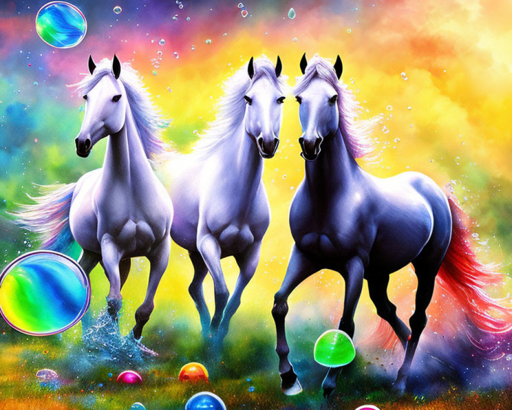 Majestic white horses gallop in cosmic scene with vibrant manes.
