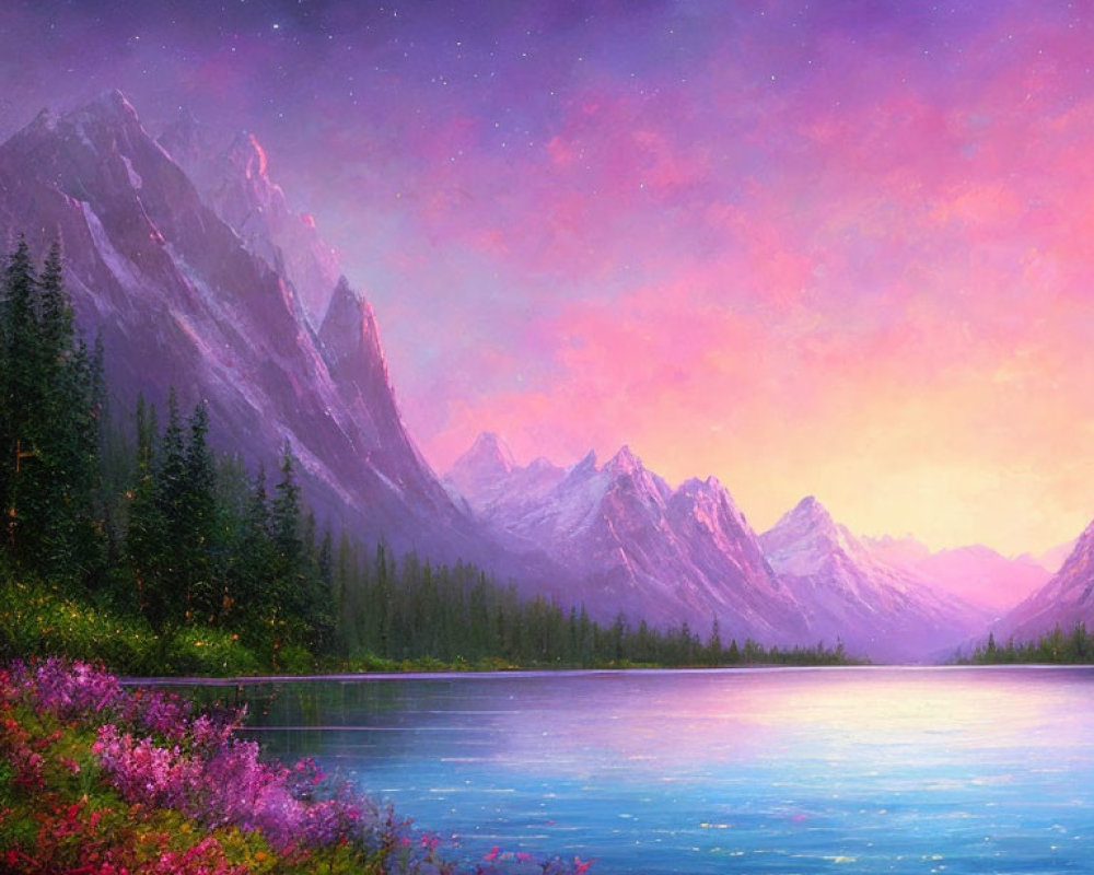 Colorful mountain landscape painting at dusk with starry sky and reflective waters.