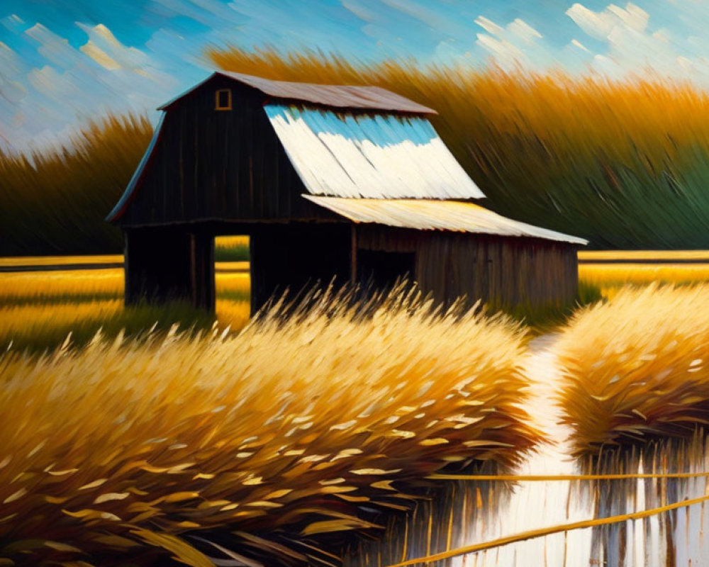 Rustic Wooden Barn in Golden Field with Vibrant Sky