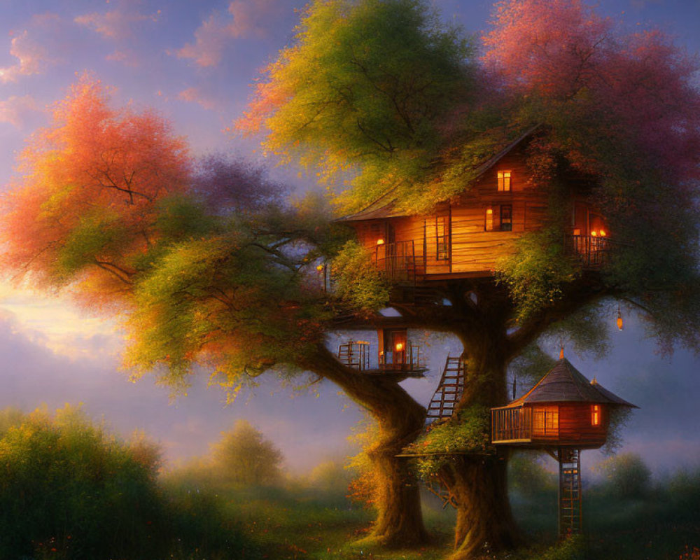 Treehouse in lush forest with warm glow at twilight & misty meadow.