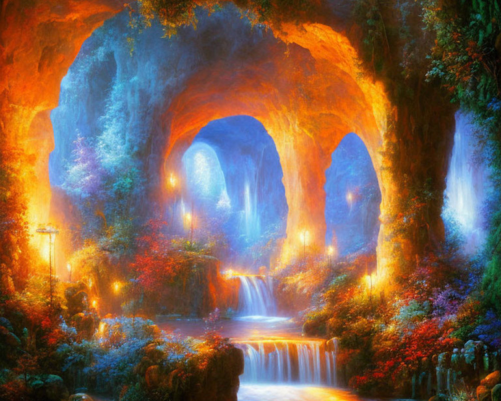 Colorful Fantasy Landscape with Illuminated Cave, Waterfalls, River, and Glowing Vegetation