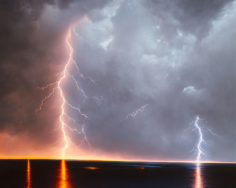 Thunderstorm Lightning Bolts Over Water Reflecting