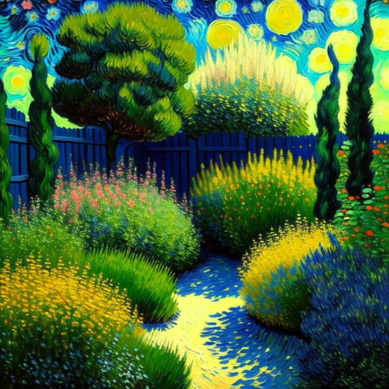 Colorful Starry Night Sky Painting with Garden Scene