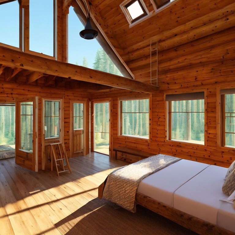 Rustic wooden cabin bedroom with bed, ladder, and forest views