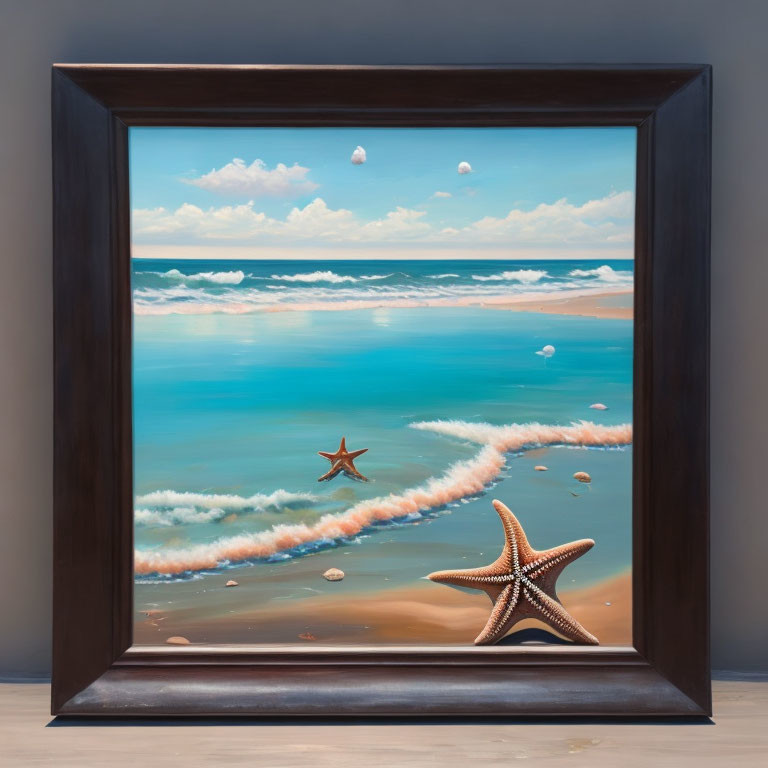 Framed painting of serene beach with waves, clear sky, seashells, and 3