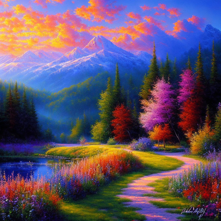 Colorful Landscape with Winding River Path and Snowy Mountains