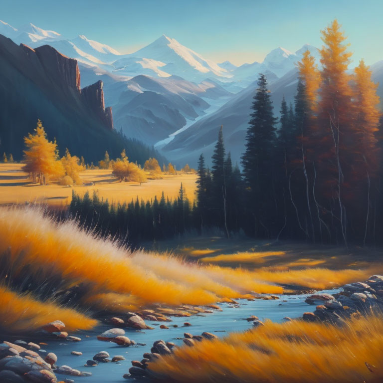 Scenic landscape with river, golden grass, autumn trees, and snow-capped mountains