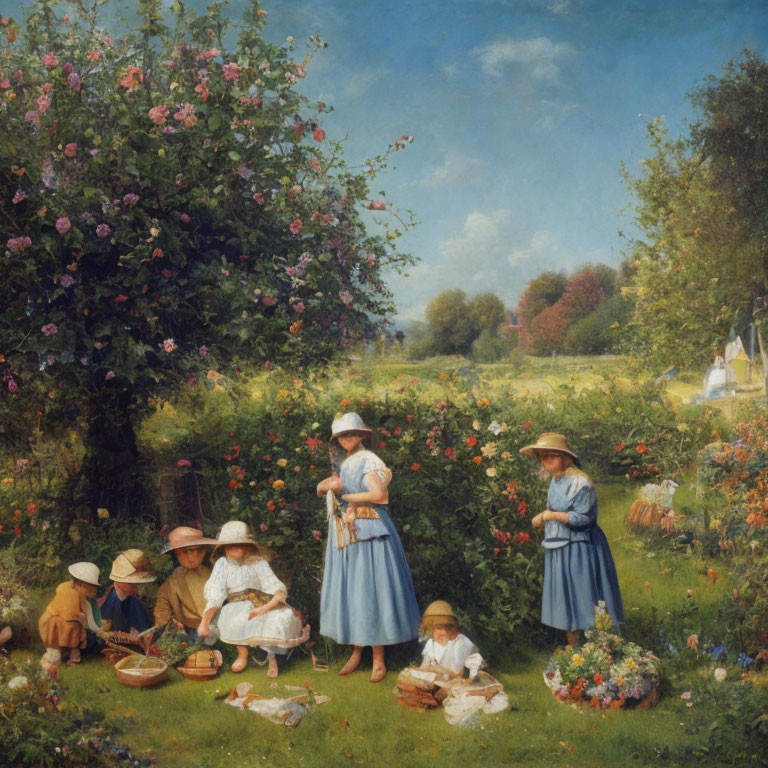 Artwork featuring five children in a garden enjoying flowers under a blue sky