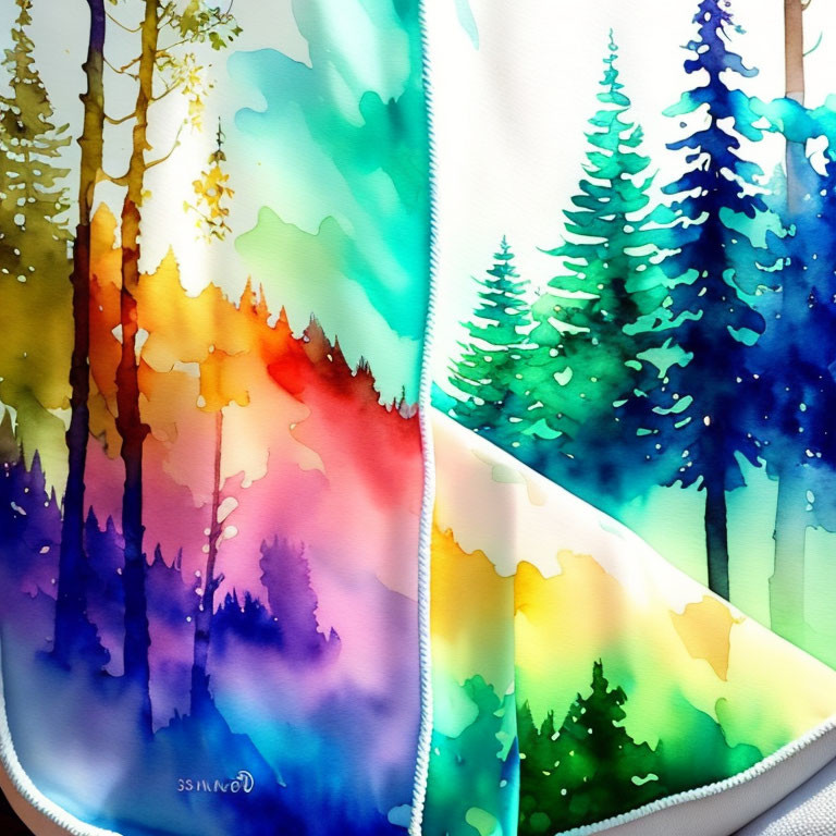 Colorful Watercolor Painting of Transitioning Forest Trees