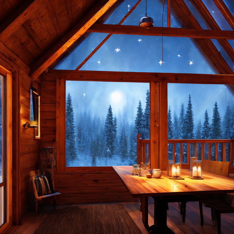 Rustic wooden cabin interior with starry night view