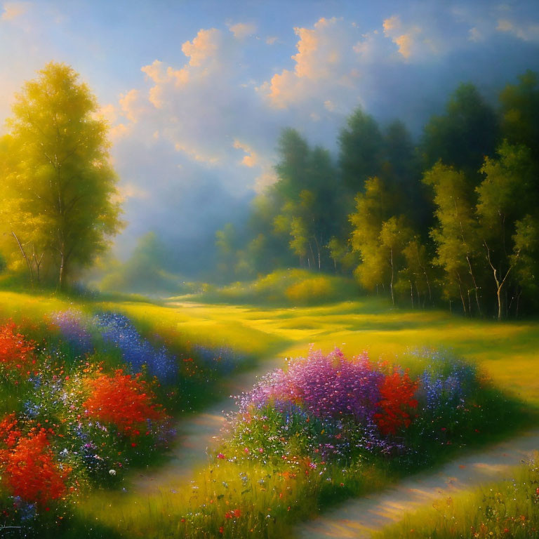 Tranquil landscape painting with winding path through flowering meadow