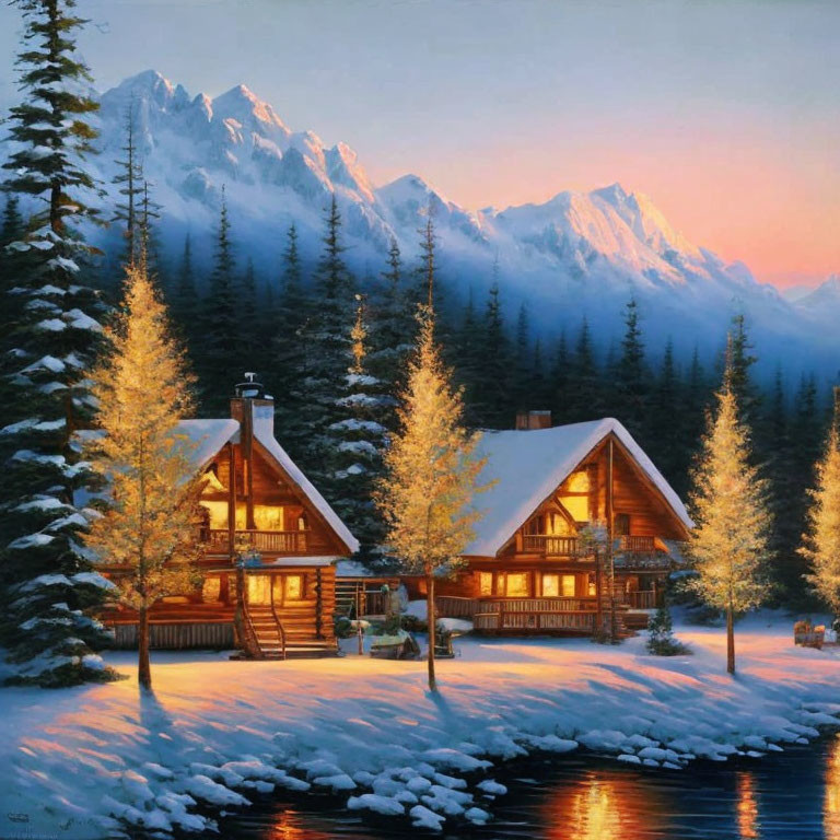 Snow-covered cabins near tranquil river with snowy mountains - serene twilight scene