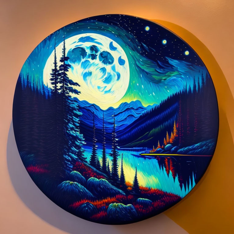 Circular Night Scene Painting with Moon, Stars, Trees, Mountains, and Canoeing Person