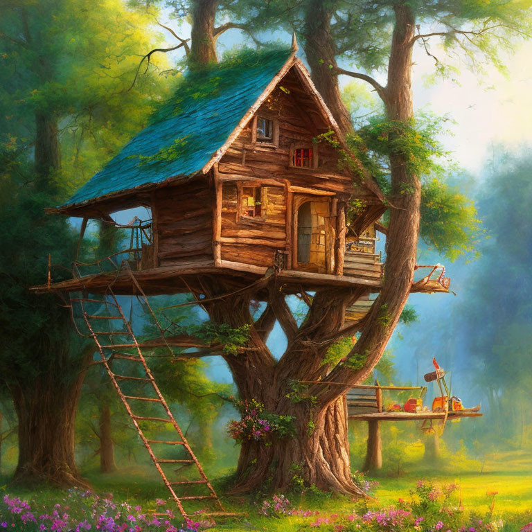 Whimsical treehouse with blue roof in lush forest