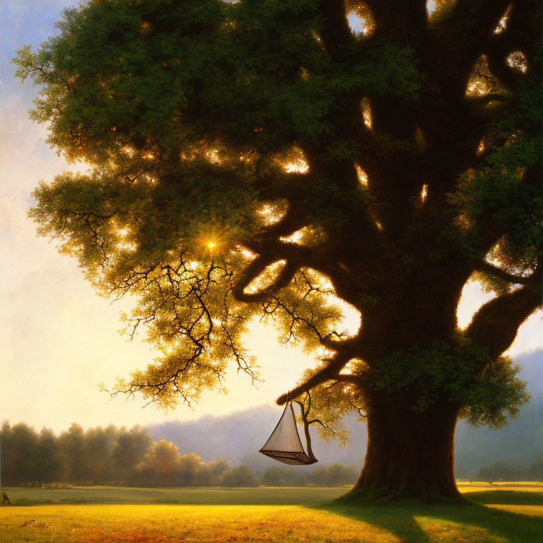 Tranquil landscape with majestic tree and hammock in golden sunlight
