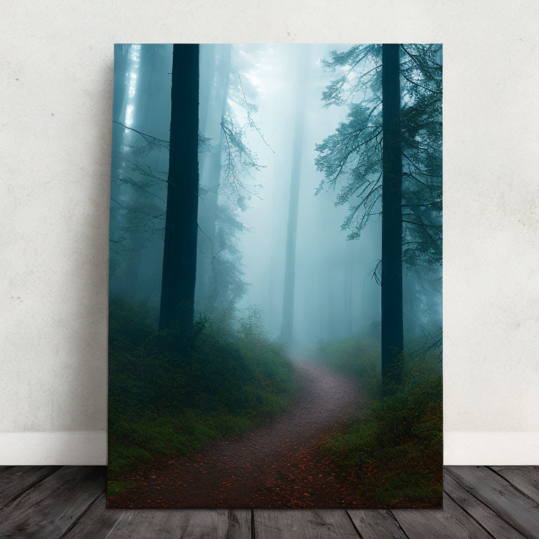 Vertical canvas of misty forest with winding path and tall trees on white wall