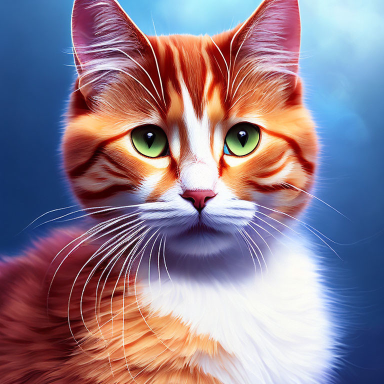 Orange and White Cat with Green Eyes on Blue Background