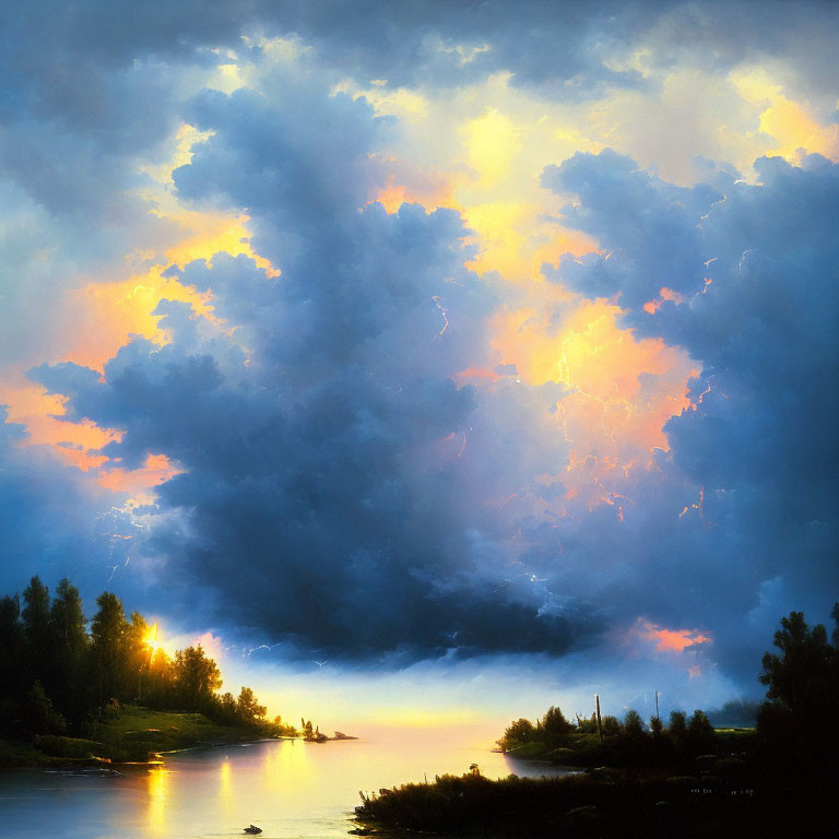 Serene lake with dramatic sky and sunlit clouds