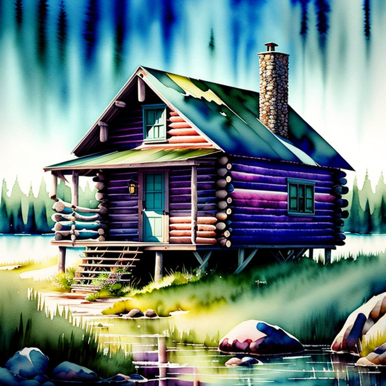 Vibrant log cabin illustration by serene lake