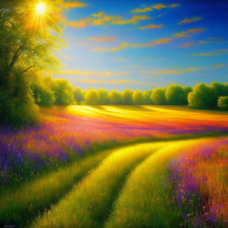 Bright Sun Over Purple Flowers and Green Trees Landscape