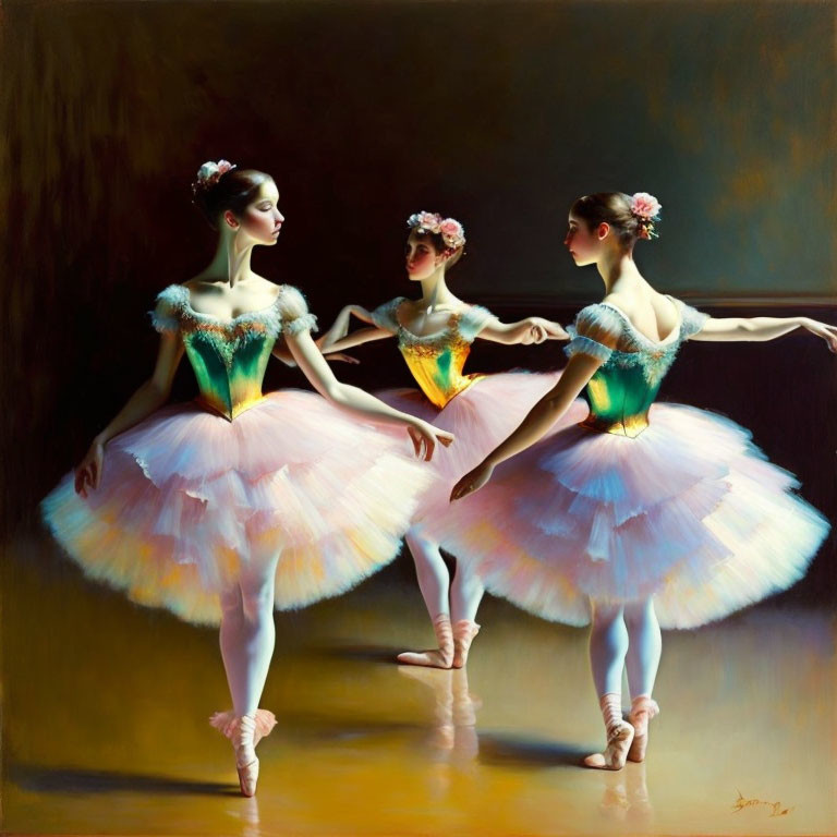 Three Ballerinas in Tutus Dancing on Stage with Dark Backdrop