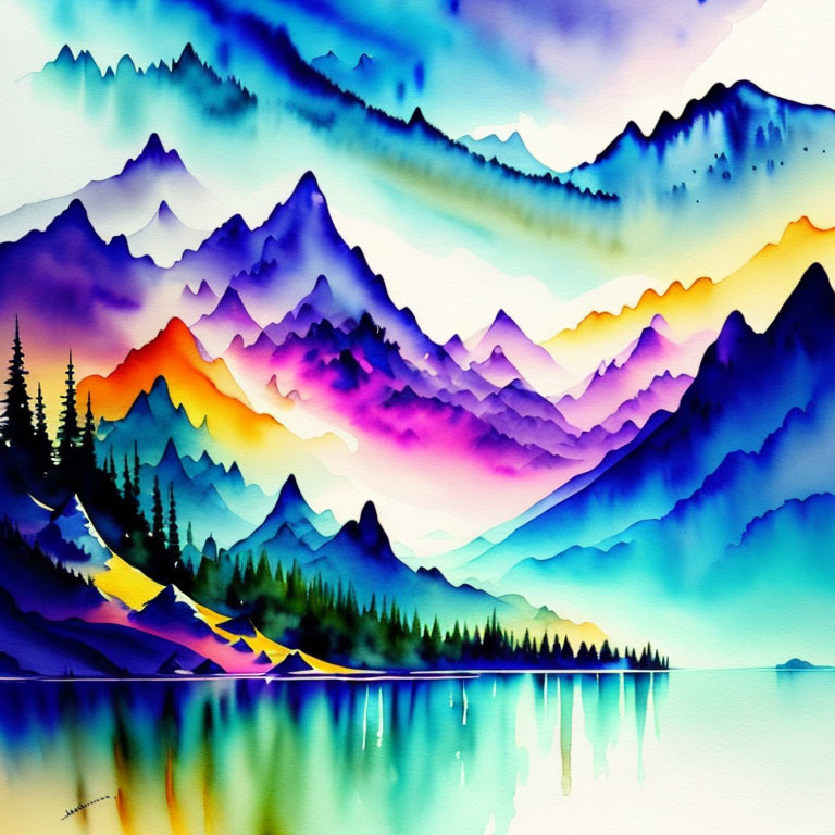 Scenic watercolor painting of layered mountain ranges at sunset