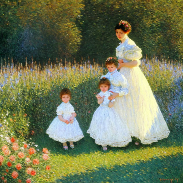 Impressionist painting of woman and children in sunlit garden