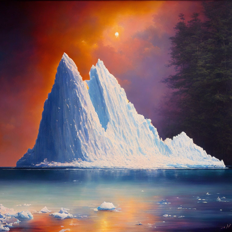 Tranquil ocean sunset with iceberg and evergreen trees