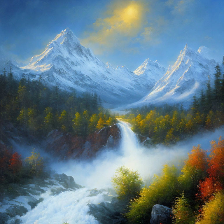 Snowy Mountain Peaks, Waterfall, Autumn Trees in Misty Landscape