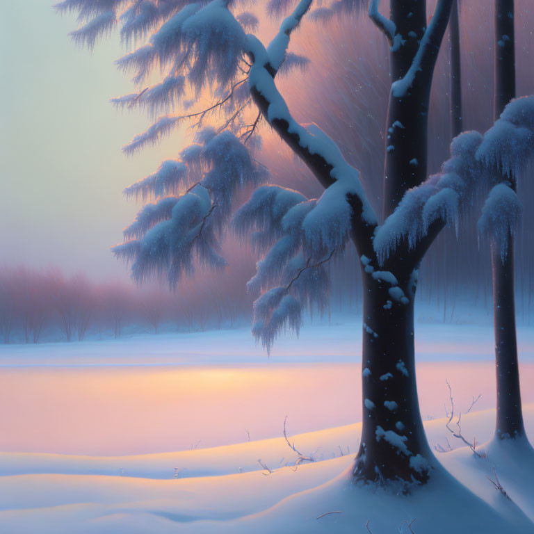 Twilight snow-covered trees with falling snowflakes in tranquil winter landscape