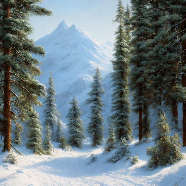 Snow-covered landscape with evergreen trees, path, and majestic mountain scenery