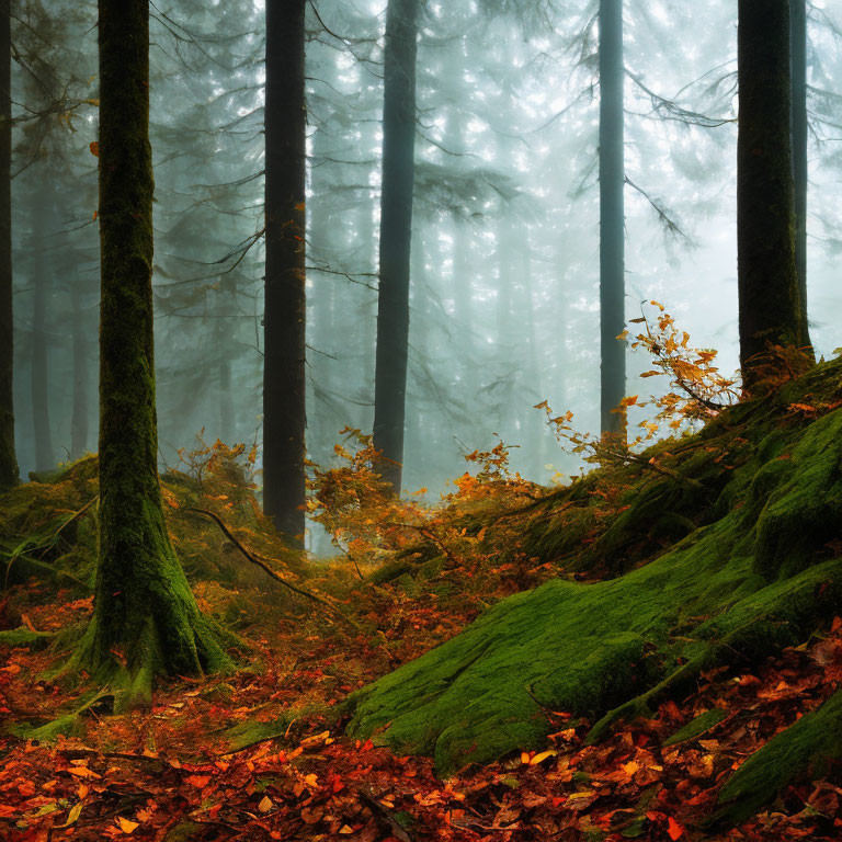 Mysterious Autumn Forest with Tall Trees and Moss-Covered Rocks