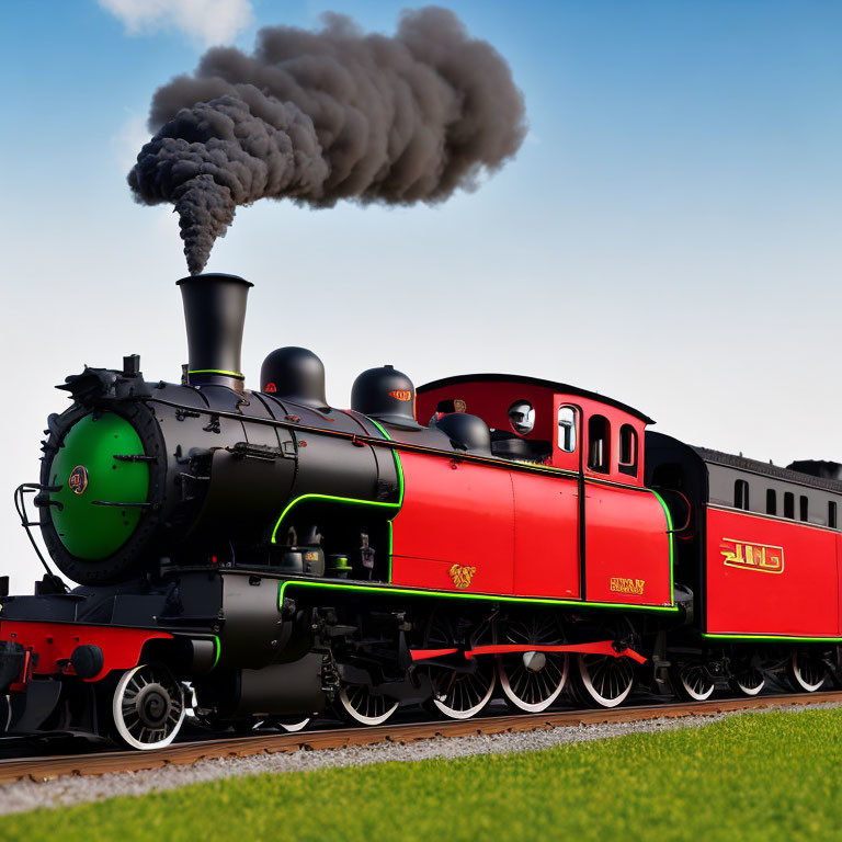 Vintage steam locomotive with "HOGWARTS" on side, emitting dark smoke against clear