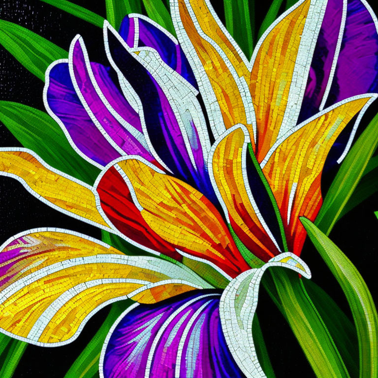 Vibrant Abstract Flower Mosaic with Orange, Purple, and Yellow Petals